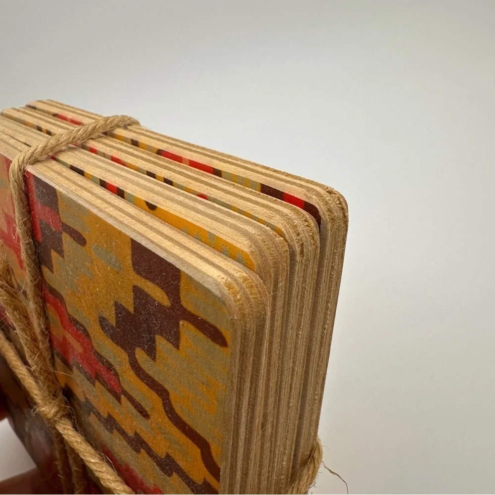 Geometric Patterned Wood Multicolor Coasters Set of 4